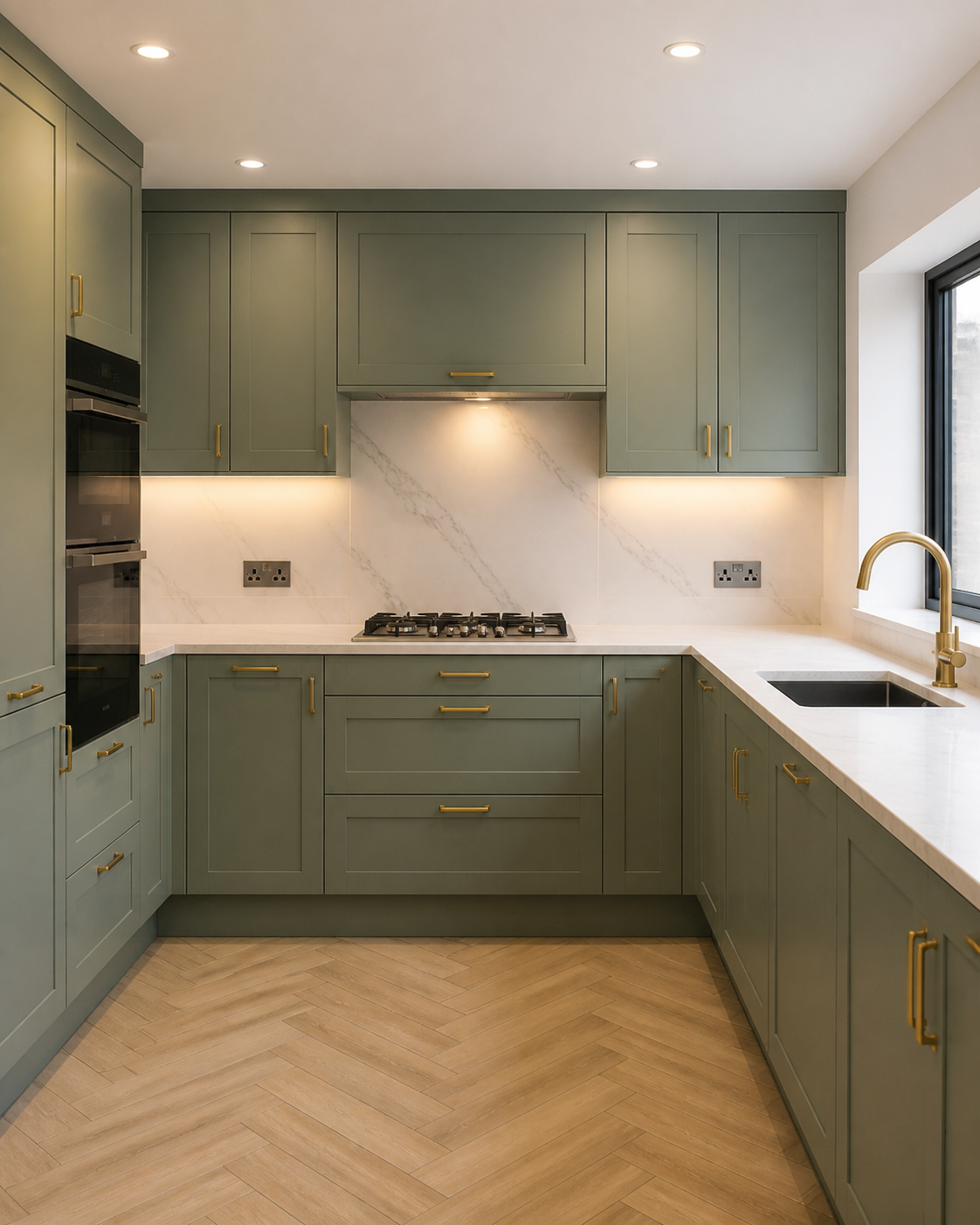 Front-facing bespoke green kitchen with marble worktops and brass handles